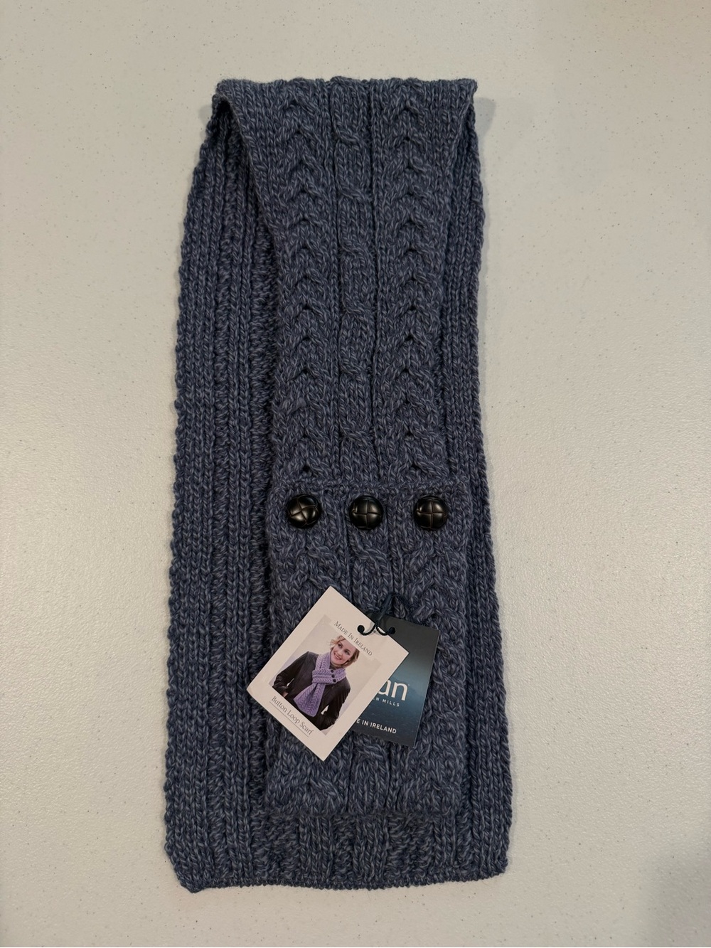 Button-Loop Cable Knit Scarf in Slate Blue